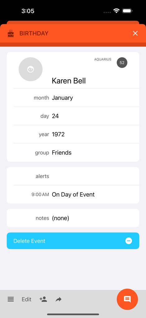 Birthday Boss - Pantalla de detalle para el cumpleaños de un contacto que muestra nombre, fecha y alertas de notificación