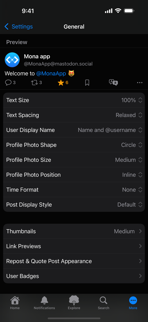 Mona Classic - General settings screen of Mona Classic app displaying customization options for text size spacing and profile photo appearance