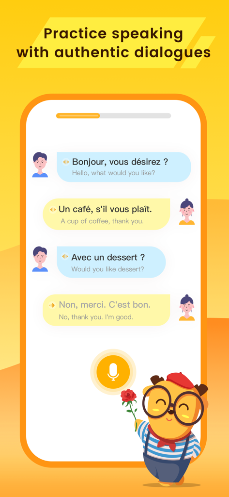 LingoDeer app interface showing authentic French speaking practice dialogues