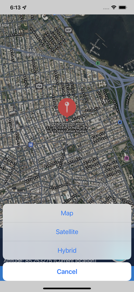 Satellite map view in iLocation showing a red location pin in New York with a layer selection menu for Map Satellite and Hybrid