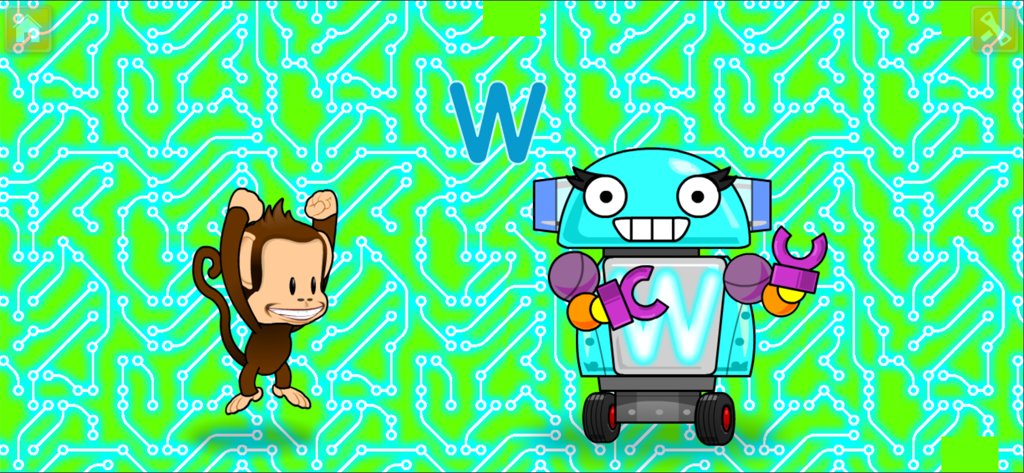A cartoon monkey cheering next to a blue robot with the letter W on its chest in the Alphabots game.