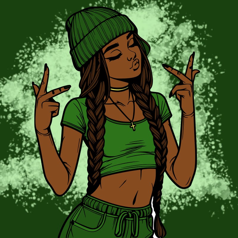 realistic teenage girl with braids and a beanie and crop top doing 🫶🏼