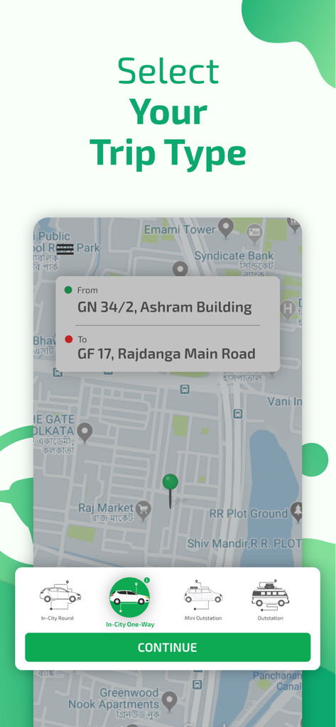 Drivers4Me - Get Car Drivers - Drivers4Me app interface for selecting trip types like in-city one-way or outstation with a map and address entry.