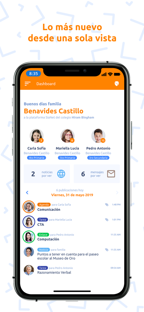SiaNet school management app dashboard showing student profiles and academic updates