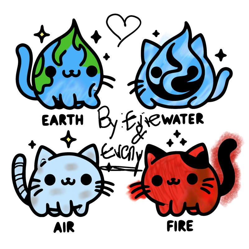 4 cats that represent the different elements, earth, water, air, and fire