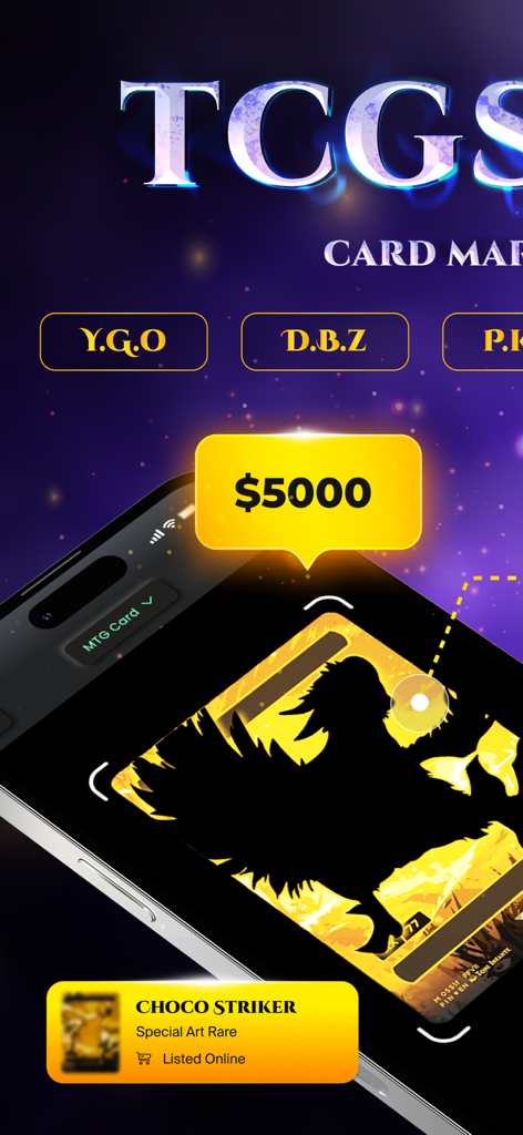 TCGScan - Poke Card Scanner - TCGScan mobile app interface identifying a rare trading card with a 5000 dollar market price estimate