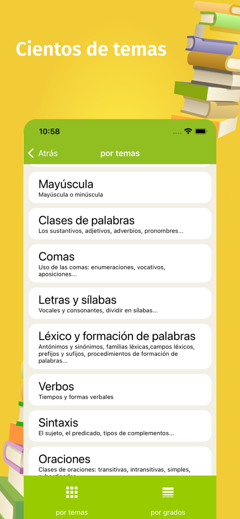 Pantalla de una aplicación móvil que muestra diversas categorías de aprendizaje de gramática española como verbos y sintaxis.