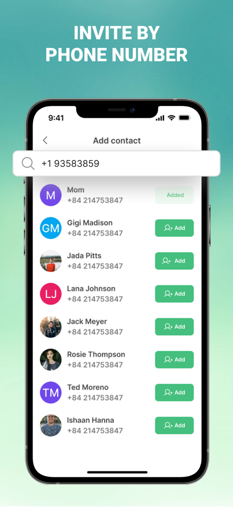 Interface of iLocator app showing the contact invitation screen by phone number