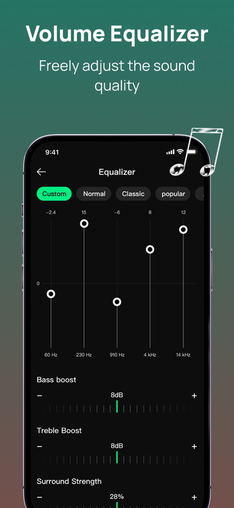 Volume equalizer screen with sound adjustment sliders and bass boost settings