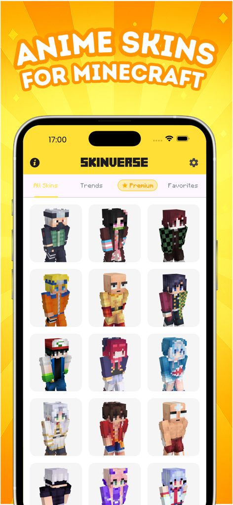 A gallery of anime-themed characters as Minecraft skins in the SkinVerse app.