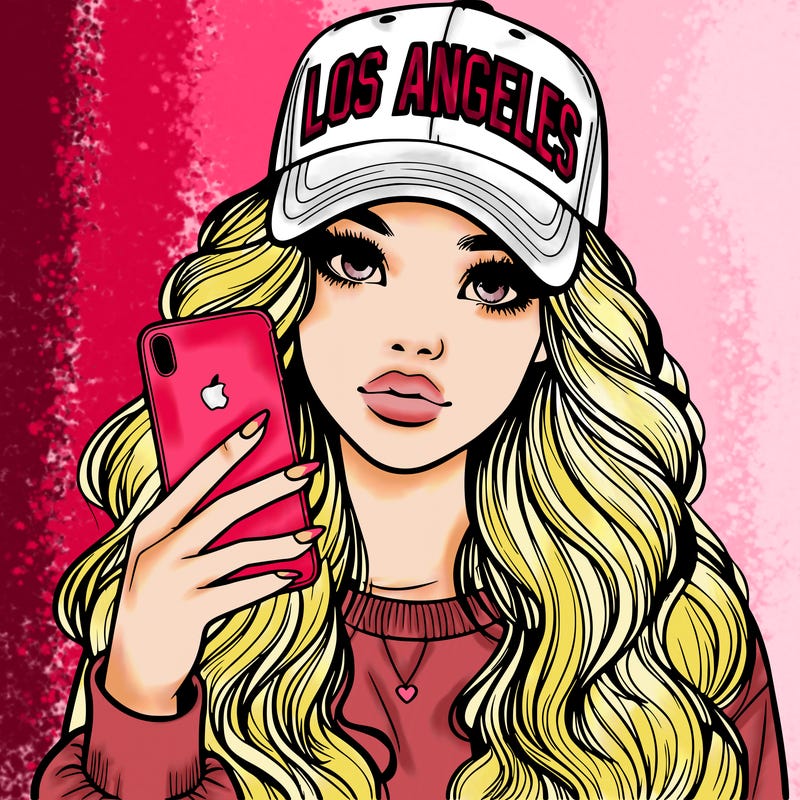 realistic beautiful girl wearing los ángeles cap holding an iphone
