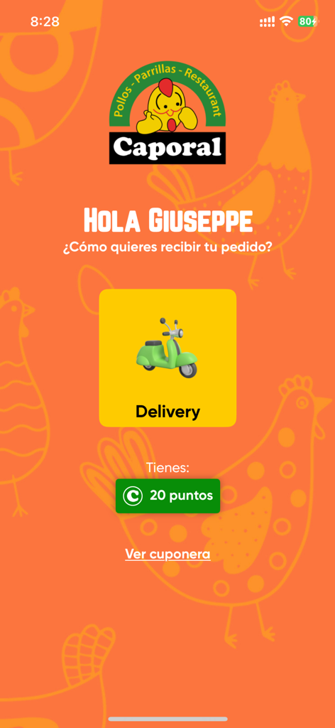 Caporal - Caporalフードアプリの画面。配達オプションとユーザーの特典ポイントが表示されています。