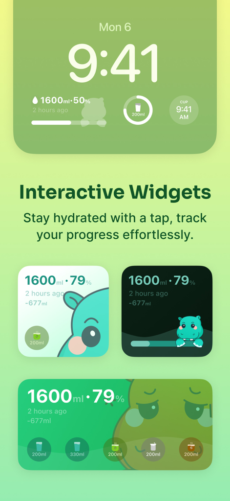 Water Alarm - Daily Reminder - Interactive iOS lock screen and home screen widgets for tracking water intake with a hippo companion.