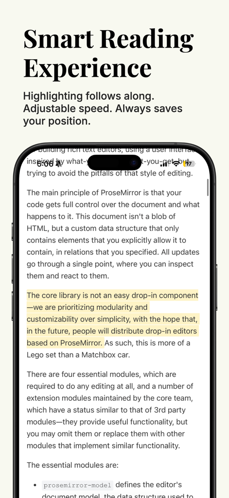 Narrate - Text to Speech - Narrate app interface showing real-time text highlighting and a smart reading experience
