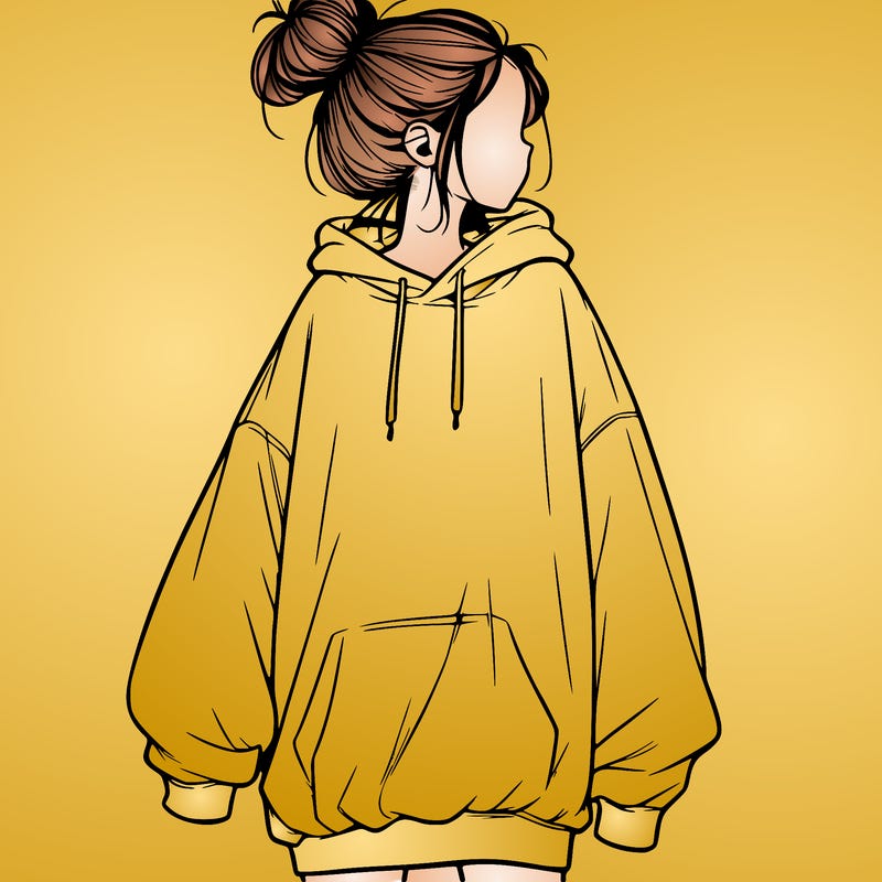 realistic girl with a oversized sweatshirt on and a bun