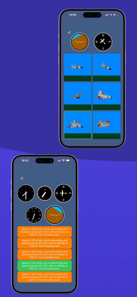 CBAT - CBAT app interface showing flight instrument comprehension and aircraft spatial awareness tests.