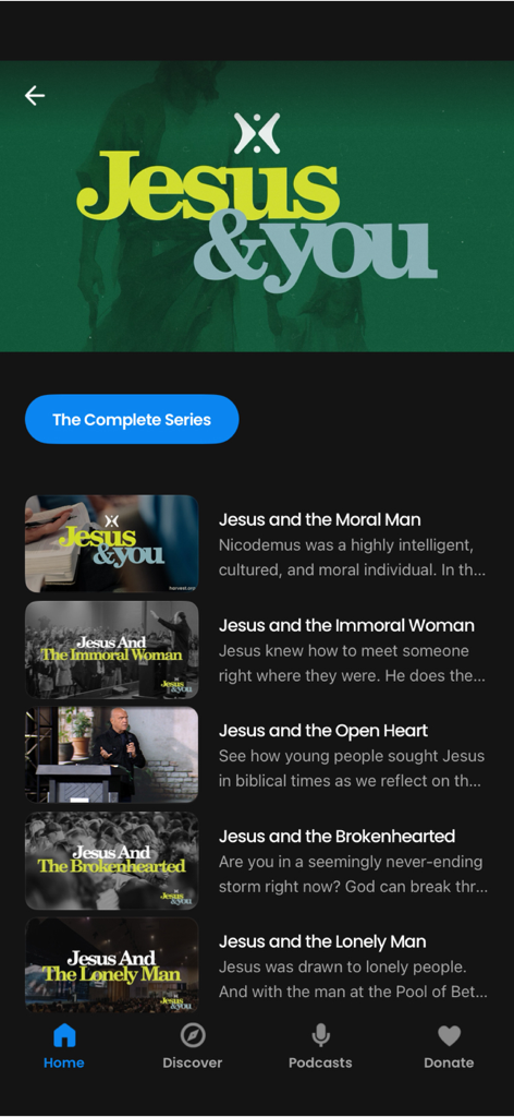 Harvest+ - Harvest plus app interface showing the Jesus and You sermon video series