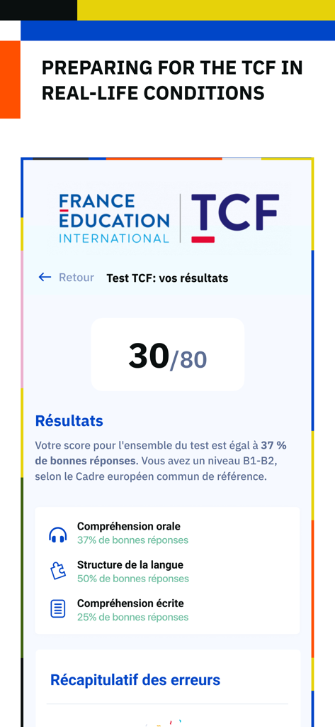 Une capture d'écran de l'application TV5MONDE EDU montrant les résultats d'une simulation d'examen TCF, y compris la répartition des scores.