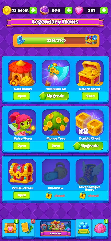 Goblin Miner: Idle Merger - 고블린 마이너 아이들 병합의 전설 아이템 메뉴, 독특한 부스트와 업그레이드 컬렉션 특징.