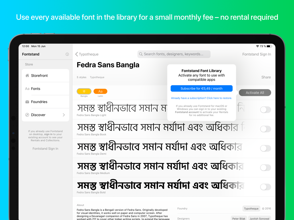 Interfaz de la aplicación Fontstand para iPad que muestra una vista previa de fuente y una solicitud de suscripción