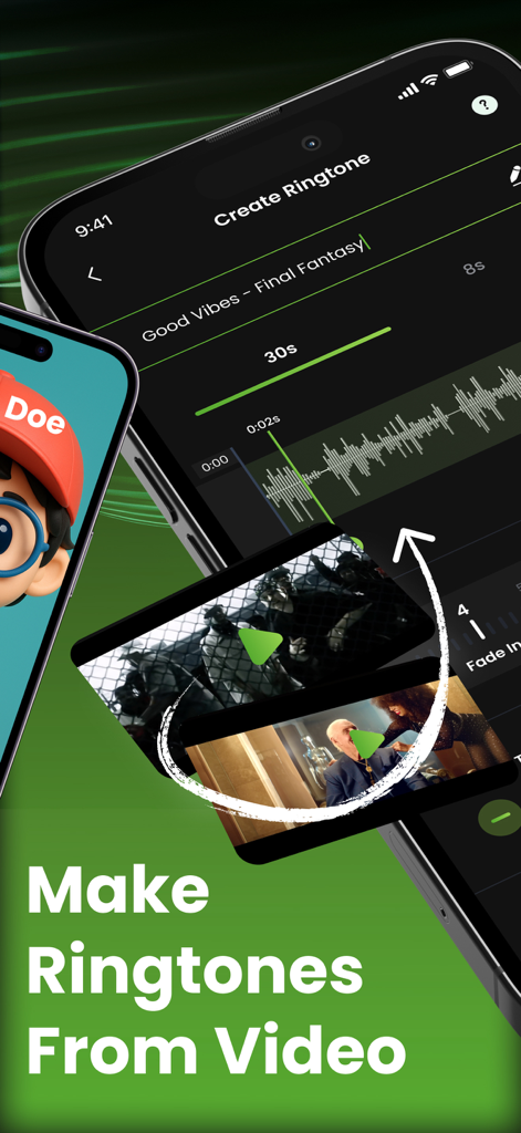 RingForge app screenshot showing the interface for extracting audio from videos to create custom ringtones.