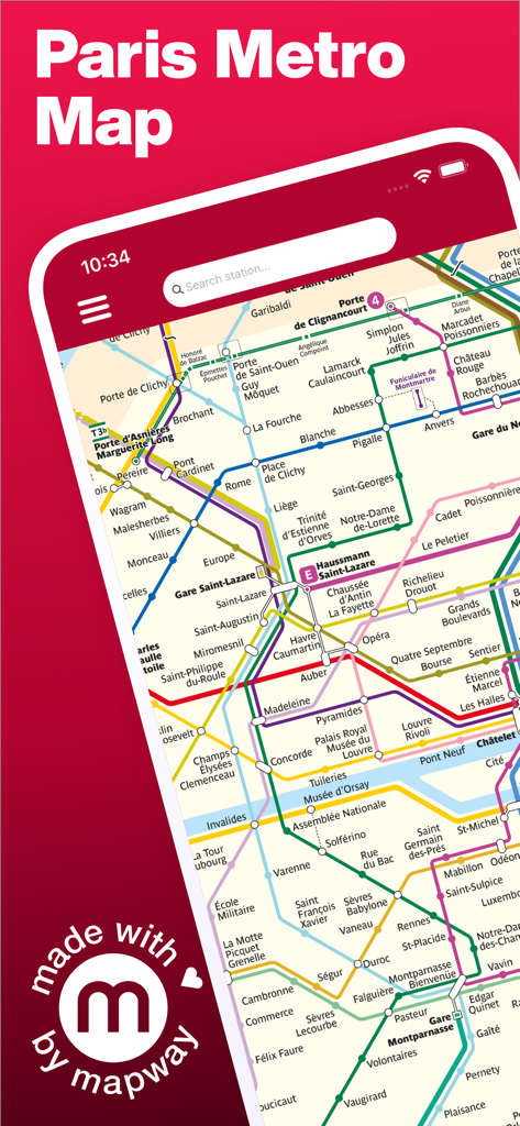 Screenshot of the Paris Metro Map app showing colorful subway lines and a search bar