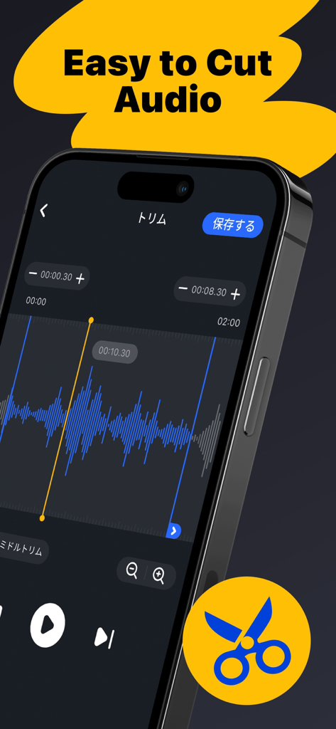 A smartphone screen displaying the Music Editor app interface with a blue waveform for trimming audio clips and an Easy to Cut Audio title.