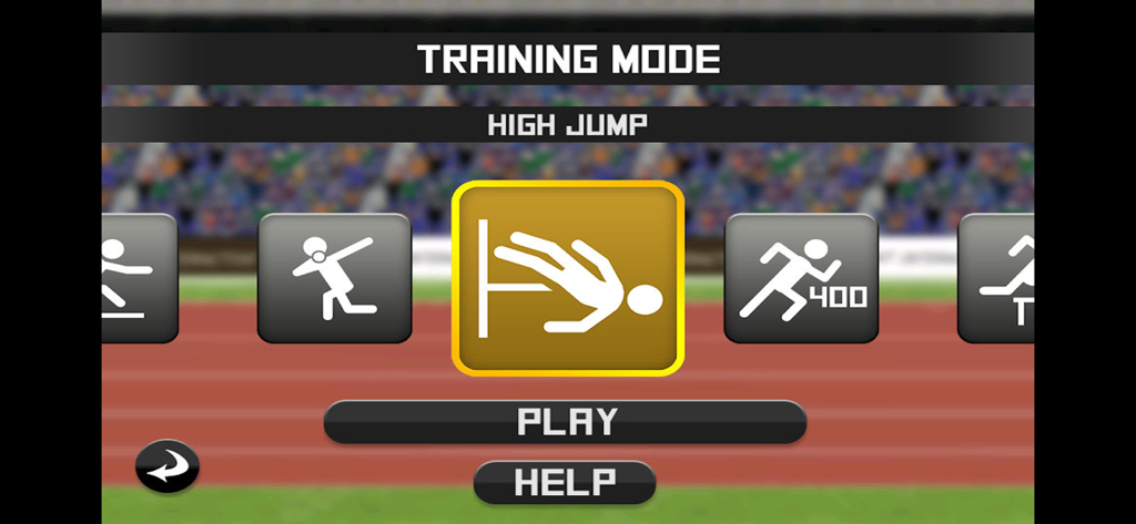 Auswahlbildschirm des Trainingsmodus in der Deluxe Track and Field-App mit dem Symbol für den Hochsprung-Wettbewerb.
