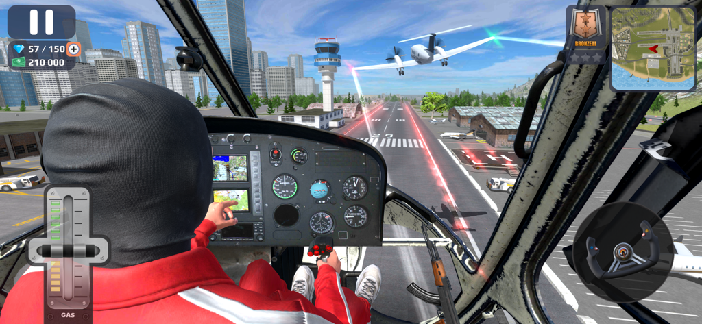 Police vs Gangster Crime City - First person view from a helicopter cockpit flying over a city airport in a mobile action game