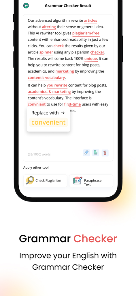 Article Rewriter - Interfaccia del controllo grammaticale dell'app Riscrivi Articoli che mostra le correzioni delle frasi