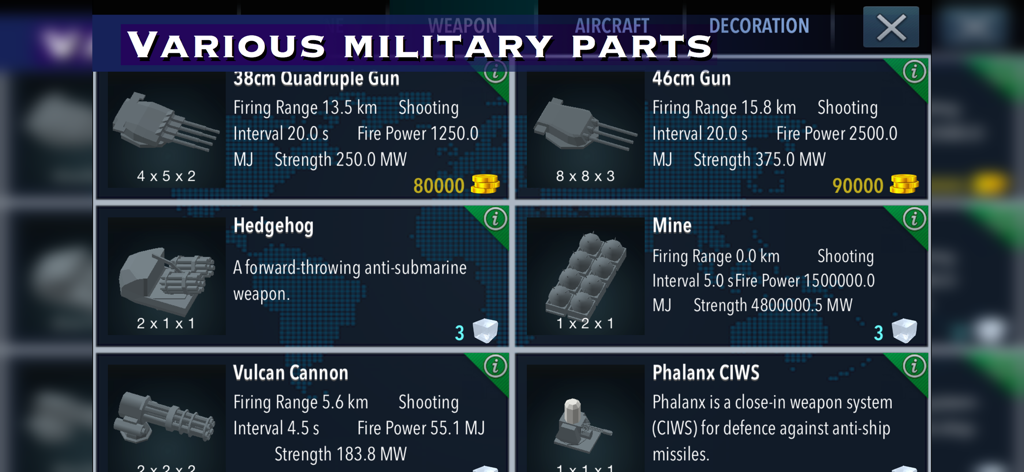 Warship Craft - A menu screen in Warship Craft showing various military parts and weapon specifications for ship building.