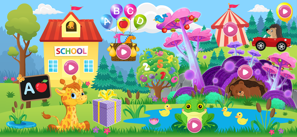 Toddler Games For 2 Year Olds. - Colorful cartoon main menu of Baby Bubble School showing various learning activities like a school house number tree and animal games