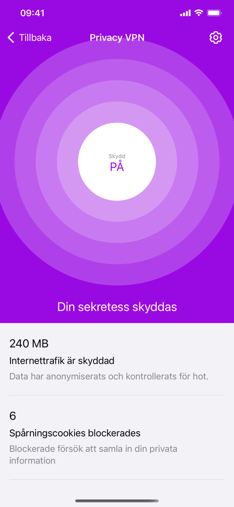 Telia Trygg App Datenschutz-VPN-Bildschirm, der anzeigt, dass der Schutz aktiviert ist, sowie Statistiken für geschützten Datenverkehr und blockierte Cookies