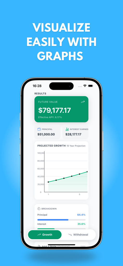 Compound Interest Calculator # - Compound interest calculator results screen showing a projected growth graph and investment breakdown