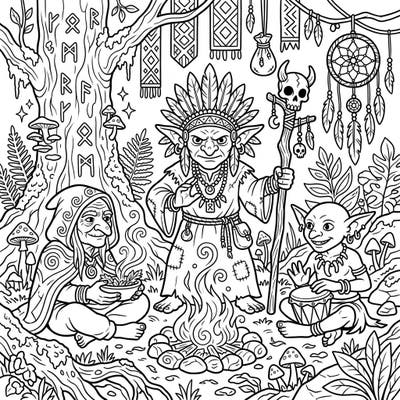 Delve into a captivating world with this coloring page featuring three goblin shamans engaged in a mystical forest ritual. Discover the magic of ancient tribal traditions and spiritual leadership.