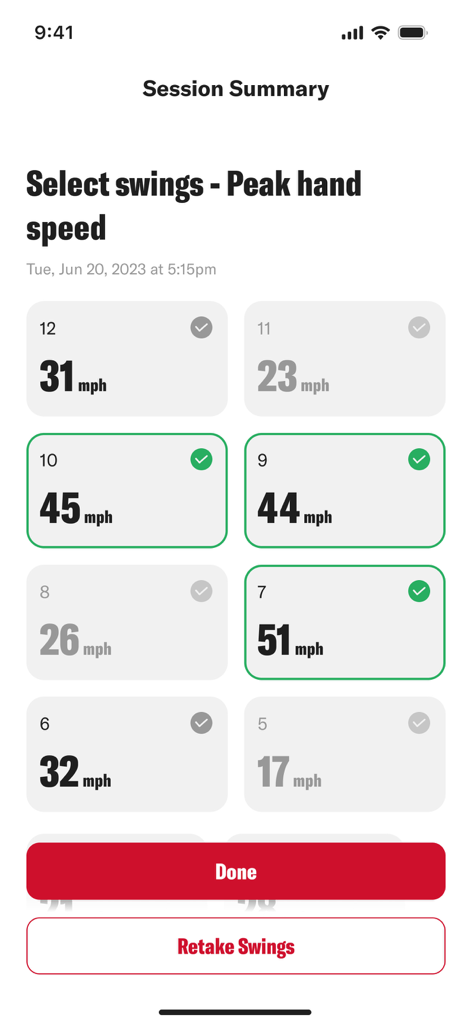 Wilson Fit AI Golf app showing peak hand speed session summary for multiple golf swings