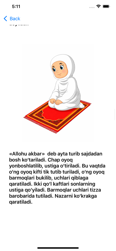 Illustration of a girl sitting on a prayer rug with Uzbek instructions for Namoz prayer.