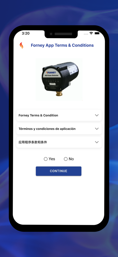 Forney PRO - Forney PRO app terms and conditions setup screen featuring the Forney HD Flame Detector hardware