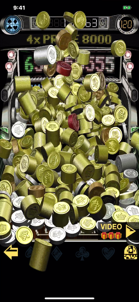 Coin Kingdom: 3D Pusher Slots - Captura de pantalla del juego de Coin Kingdom 3D Pusher Slots mostrando una gran pila de monedas de oro y plata cayendo en una máquina virtual.