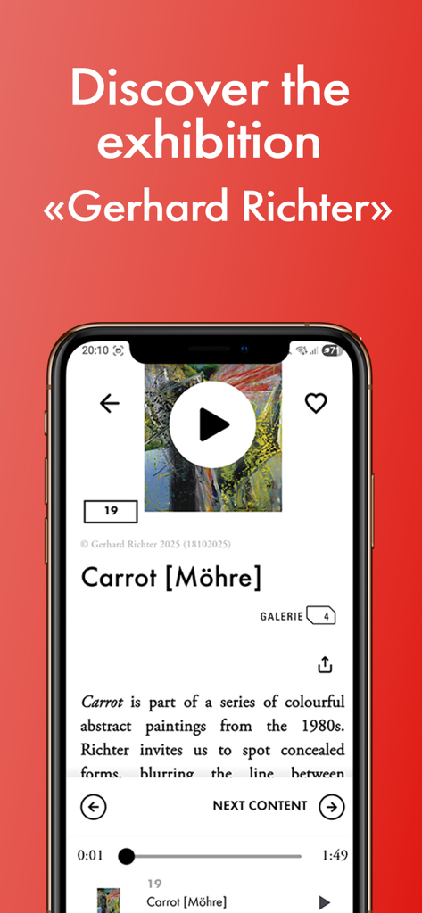 Fondation Louis Vuitton - A screenshot of the Fondation Louis Vuitton app displaying an audio guide for the Gerhard Richter exhibition featuring the artwork Carrot Möhre.