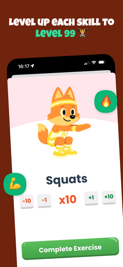Gamified Workouts: Snapfit - Snapfit app interface showing a cartoon fox performing squats with buttons to track repetitions and level up skills