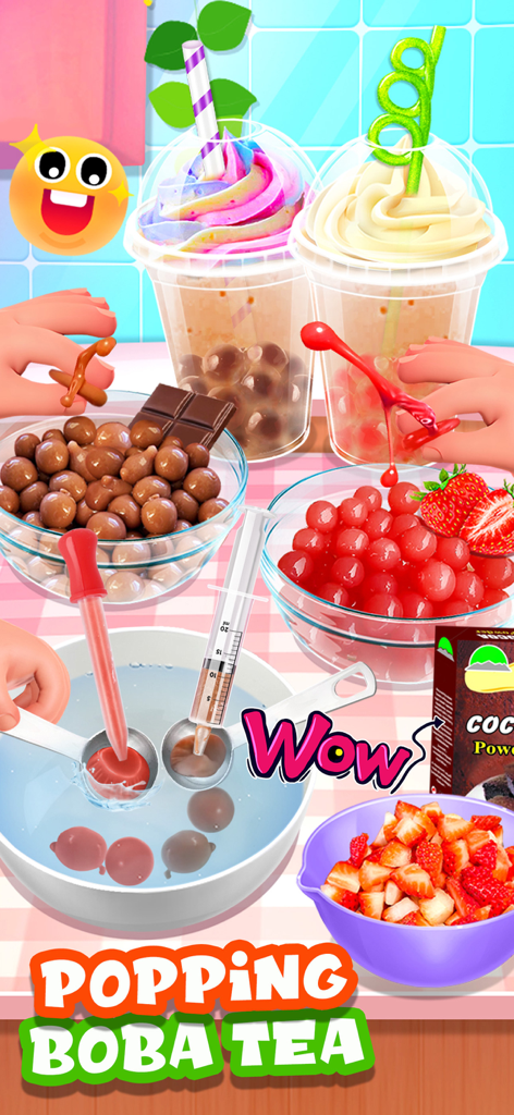 Una colorida pantalla de juego móvil que muestra el proceso de elaboración de popping boba tea con diversos toppings de frutas y chocolate.