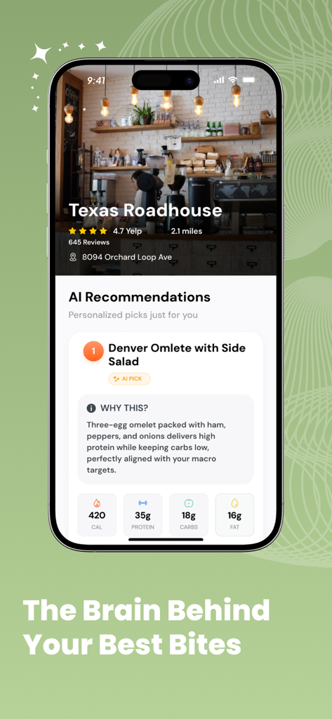 Menu Order AI: Find GLP1 Meals - Mobile app screen showing a healthy meal recommendation for Texas Roadhouse with nutritional macro counts
