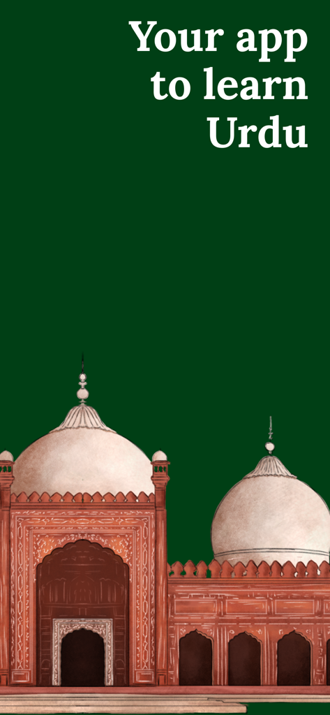 Banner promocional do aplicativo Learn Urdu Beginners com uma ilustração de uma mesquita em um fundo verde