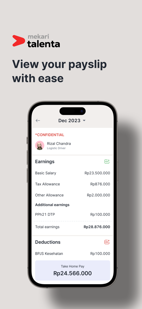 Talenta - 수입 및 공제 내역이 상세하게 표시된 직원 급여 명세서를 보여주는 탈렌타 HR 앱의 아이폰 화면