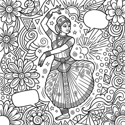 Immerse yourself in the dynamic beauty of Bharatanatyam dance fused with a playful Pop Art aesthetic. This unique coloring page offers an exciting blend of cultural richness and modern artistic flair, perfect for unleashing your creativity.