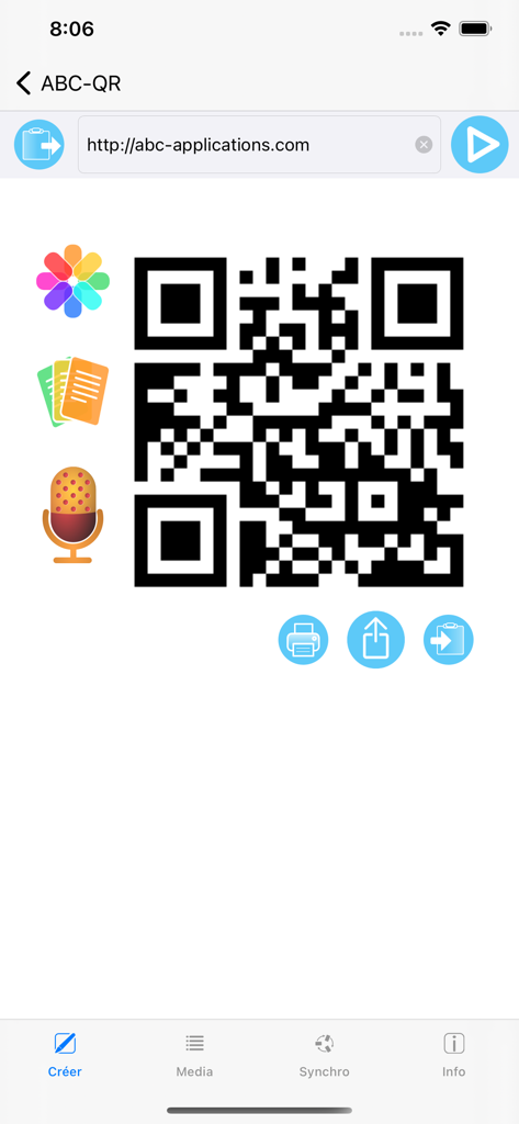 ABC-QR - Screenshot of the ABC-QR app showing a generated QR code with icons for media and sharing options
