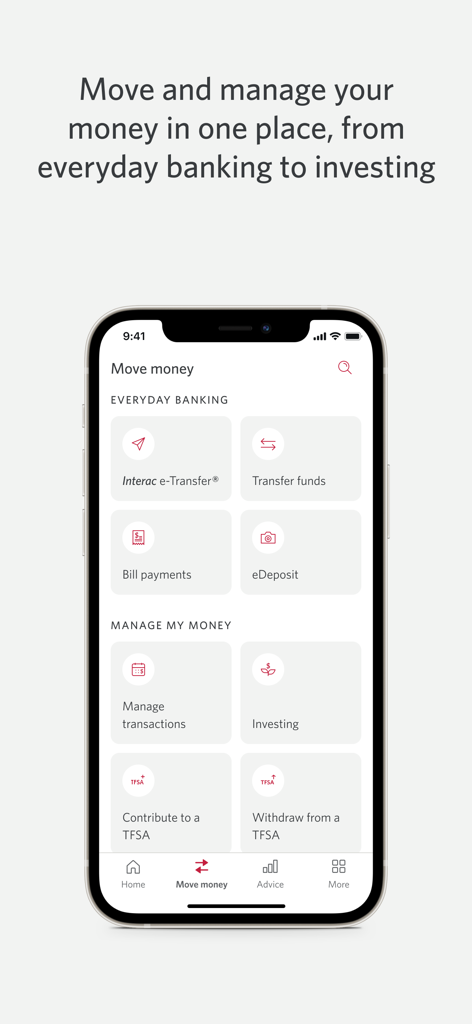 CIBC Mobile Banking app screen showing money transfer and investment management options