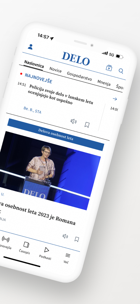 Feed principal de la aplicación de noticias Delo en esloveno mostrando los últimos titulares y artículos destacados en la pantalla de un smartphone.