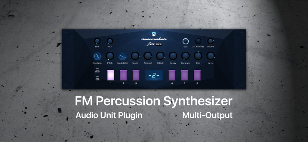 Interface du synthétiseur de percussion Ruismaker FM montrant les commandes de conception sonore et les pads de batterie